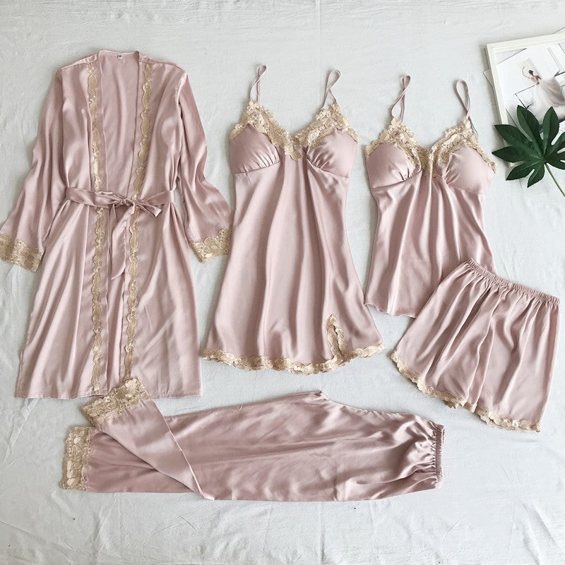 Women's Imitated Silk Pajamas Underwear Five-piece Sling.