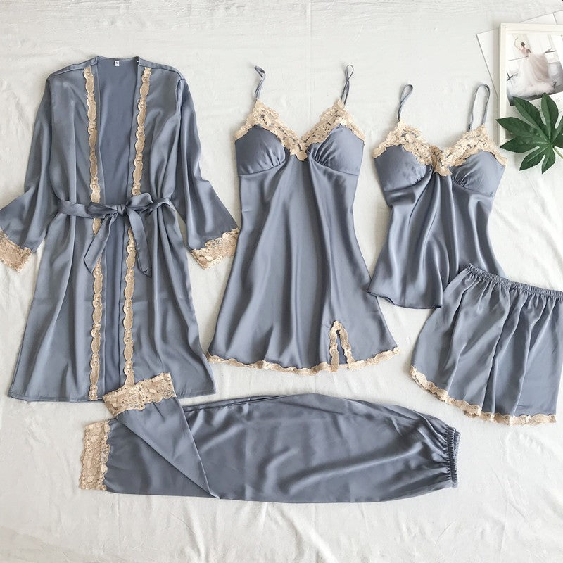 Women's Imitated Silk Pajamas Underwear Five-piece Sling.