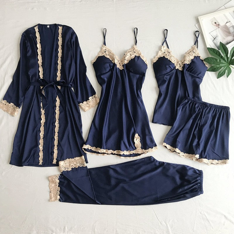 Women's Imitated Silk Pajamas Underwear Five-piece Sling.