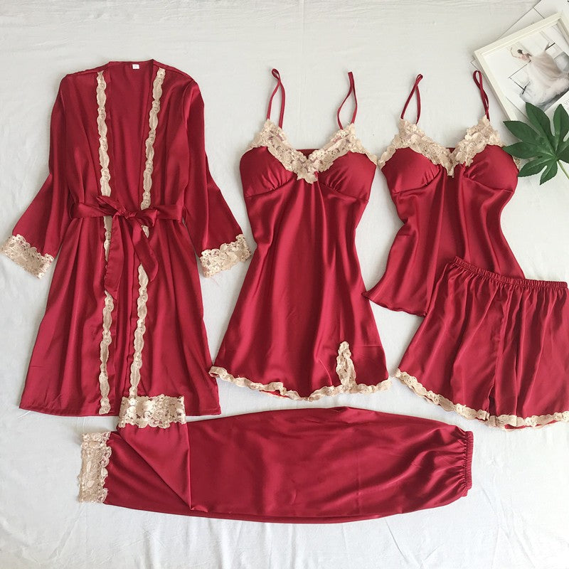 Women's Imitated Silk Pajamas Underwear Five-piece Sling.
