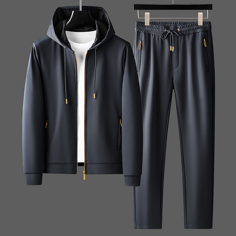 Contrast Color Men's Thickened Two-piece Suit Sweater Zipper Casual Suit.