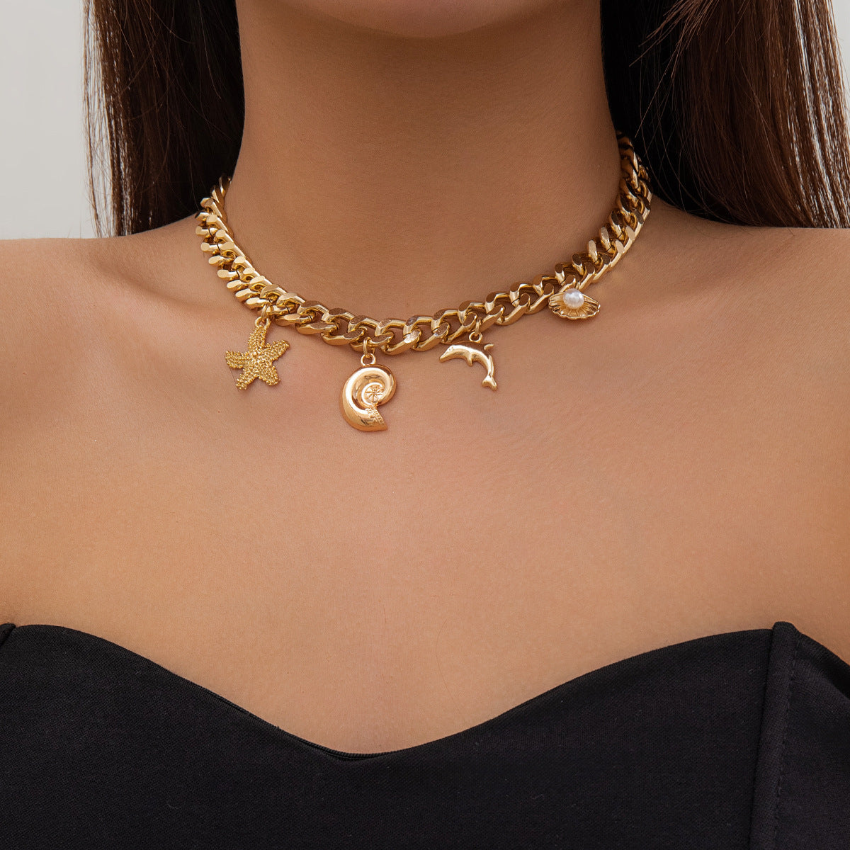 Creative Boho Conch Dolphin Starfish Pendant Choker Necklace Bracelets Women Trendy Vintage Tassel Chain Grunge Jewelry Fashion Jewelry.