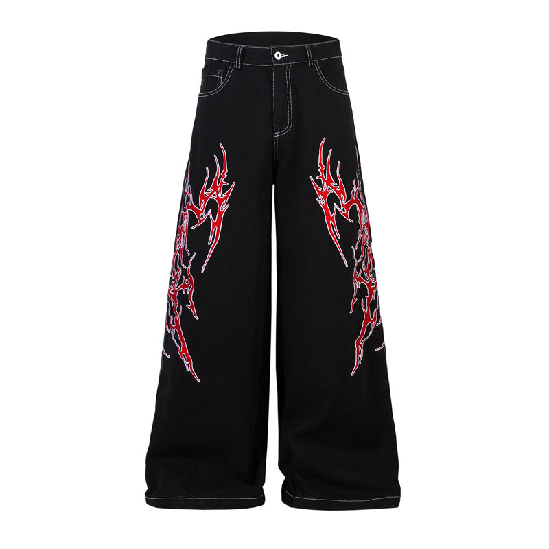 High Street Contrast Color Thorn Embroidery Wide Leg Casual Trousers.